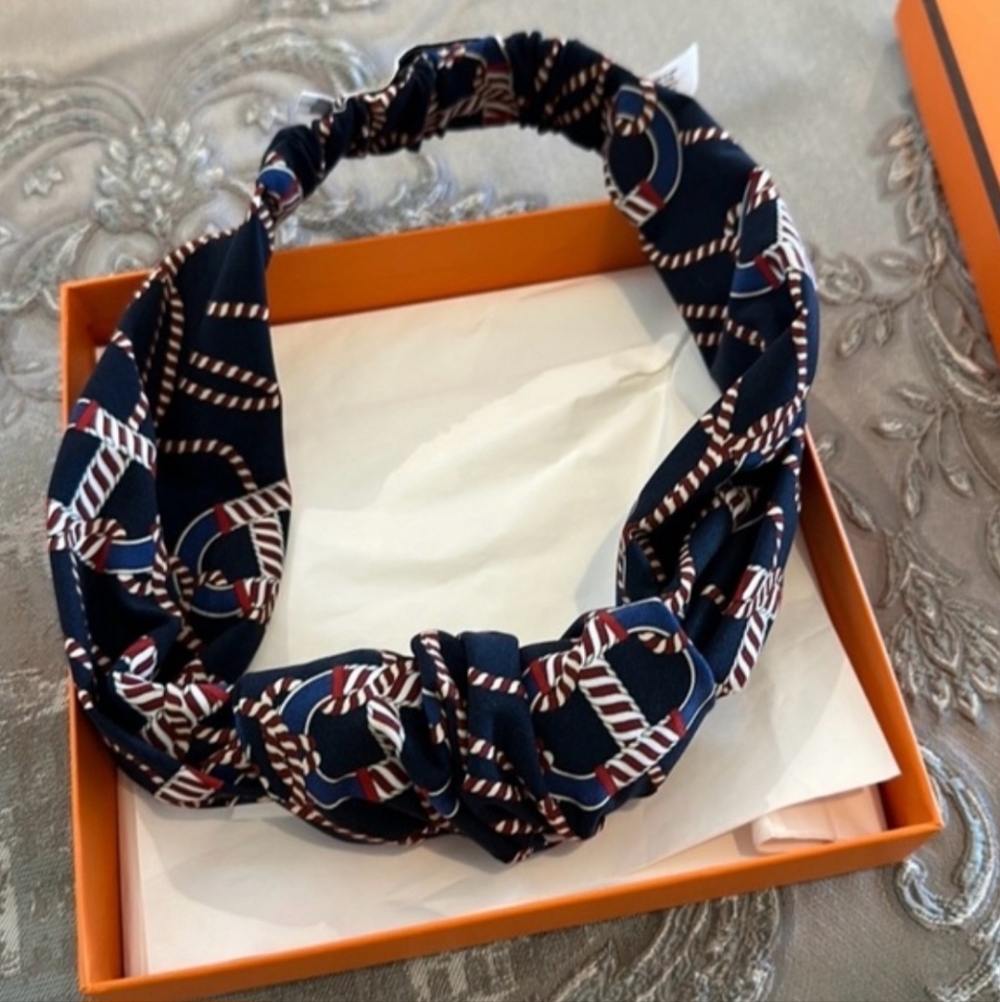 Hermes Navy Blue, White & Red Patterned Silk Headband